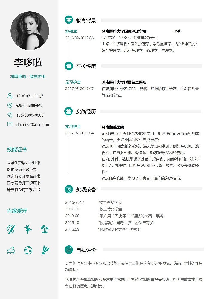 临床护士免费简历模板
