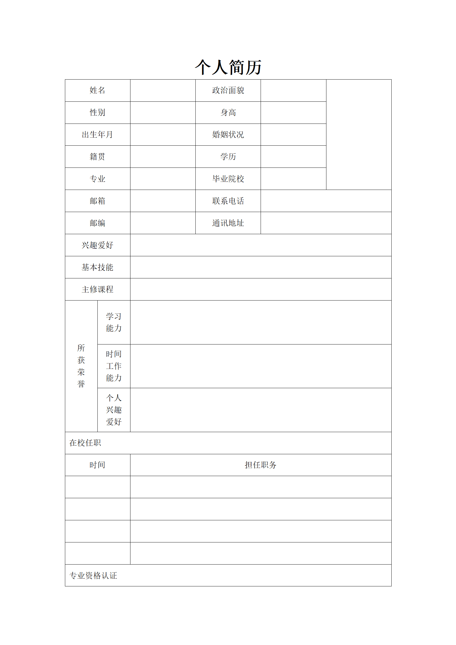 表格简历2页