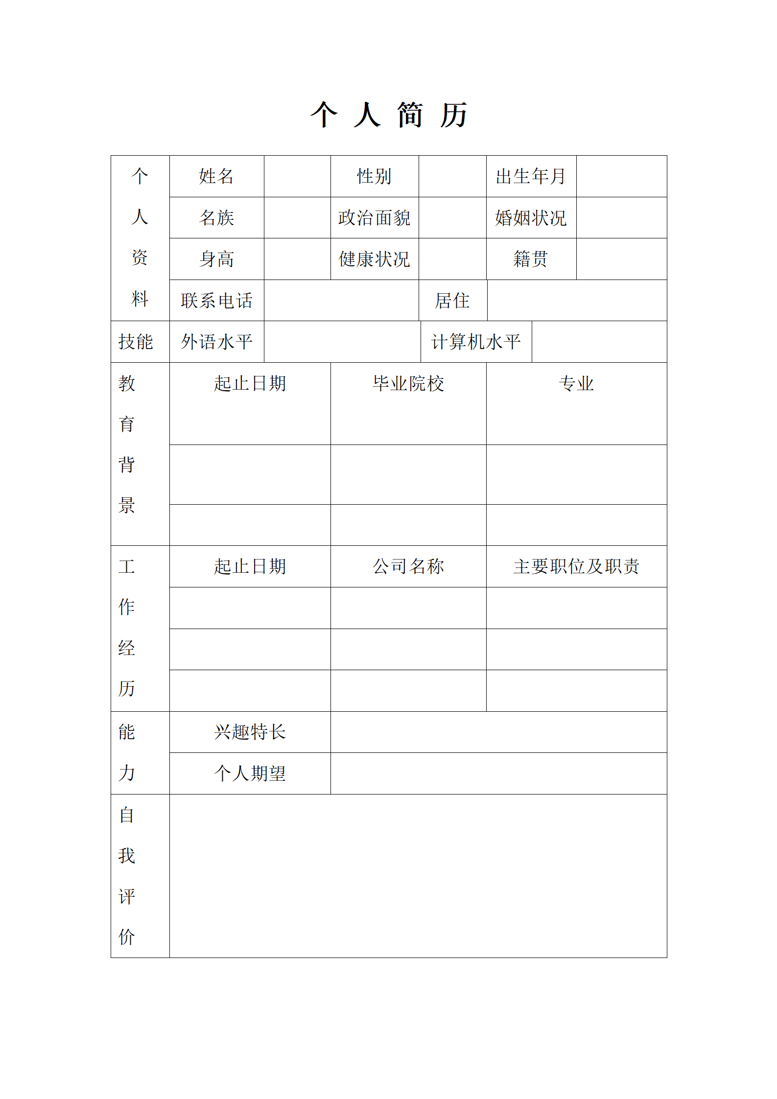 简洁空白表格简历模板个人简历