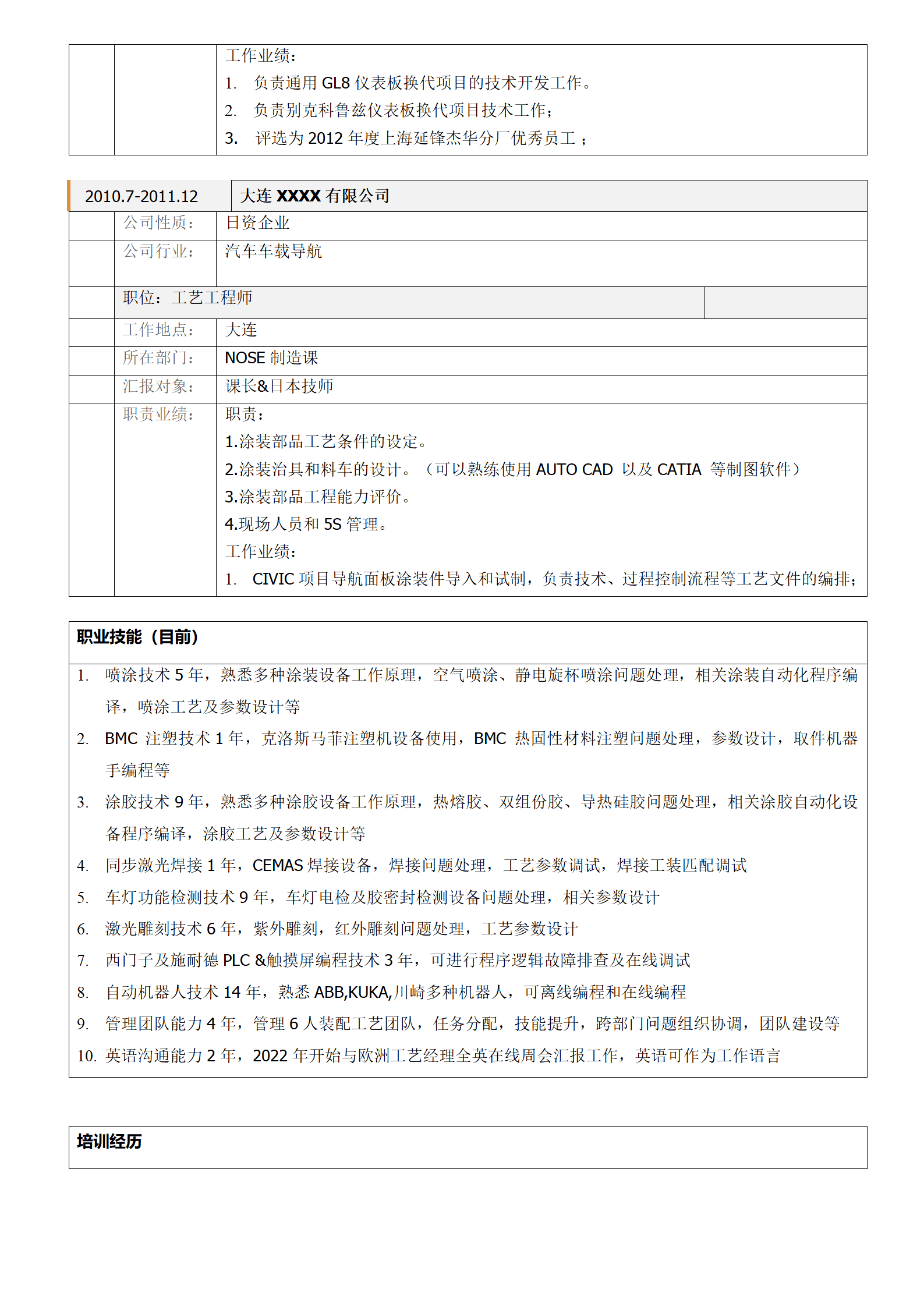 多条装配工艺相关工作经验表格简历模板