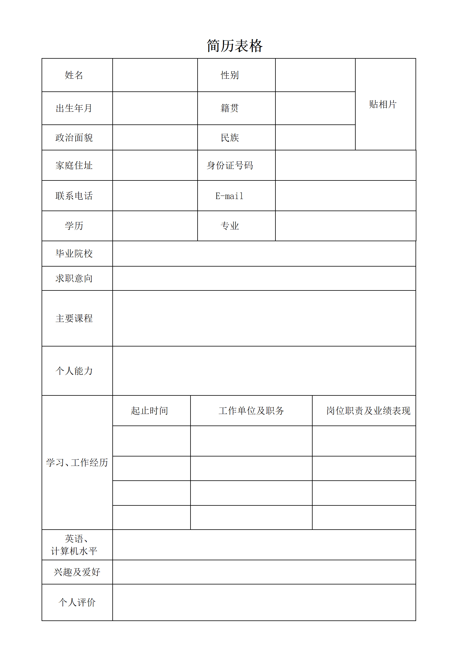 护士简历表格