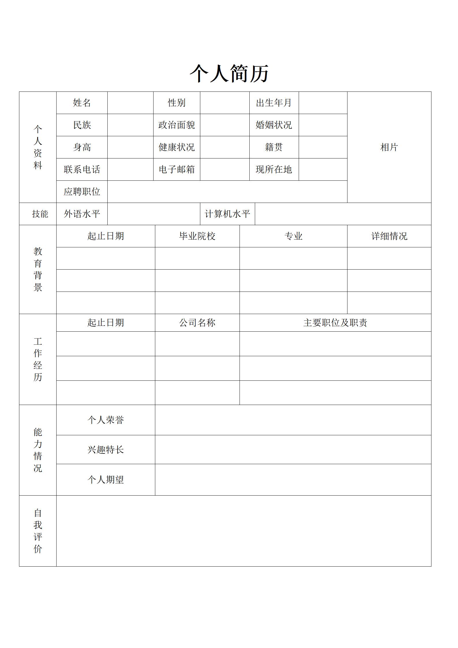 个人定制空白简历表格