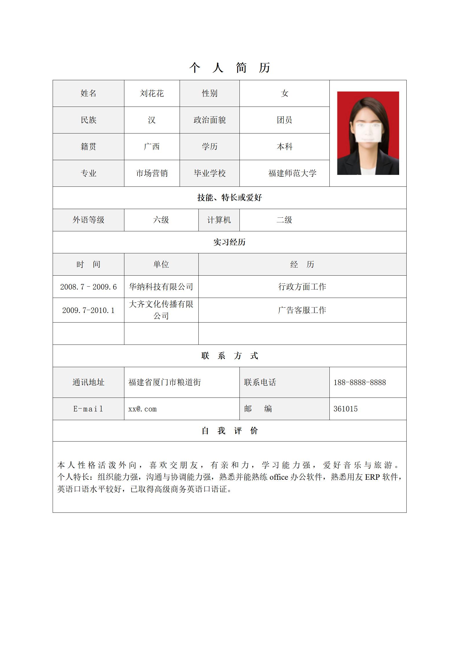 市场营销简历标准表格模板
