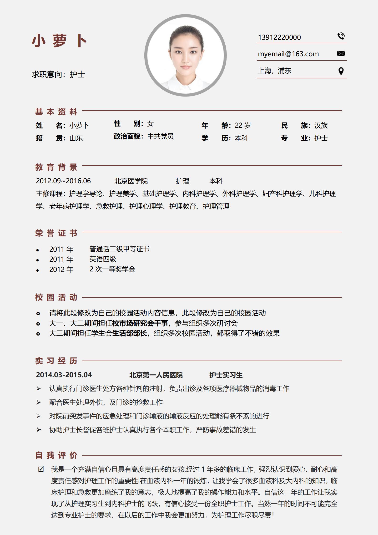 多元化简历4页护士简历模板集