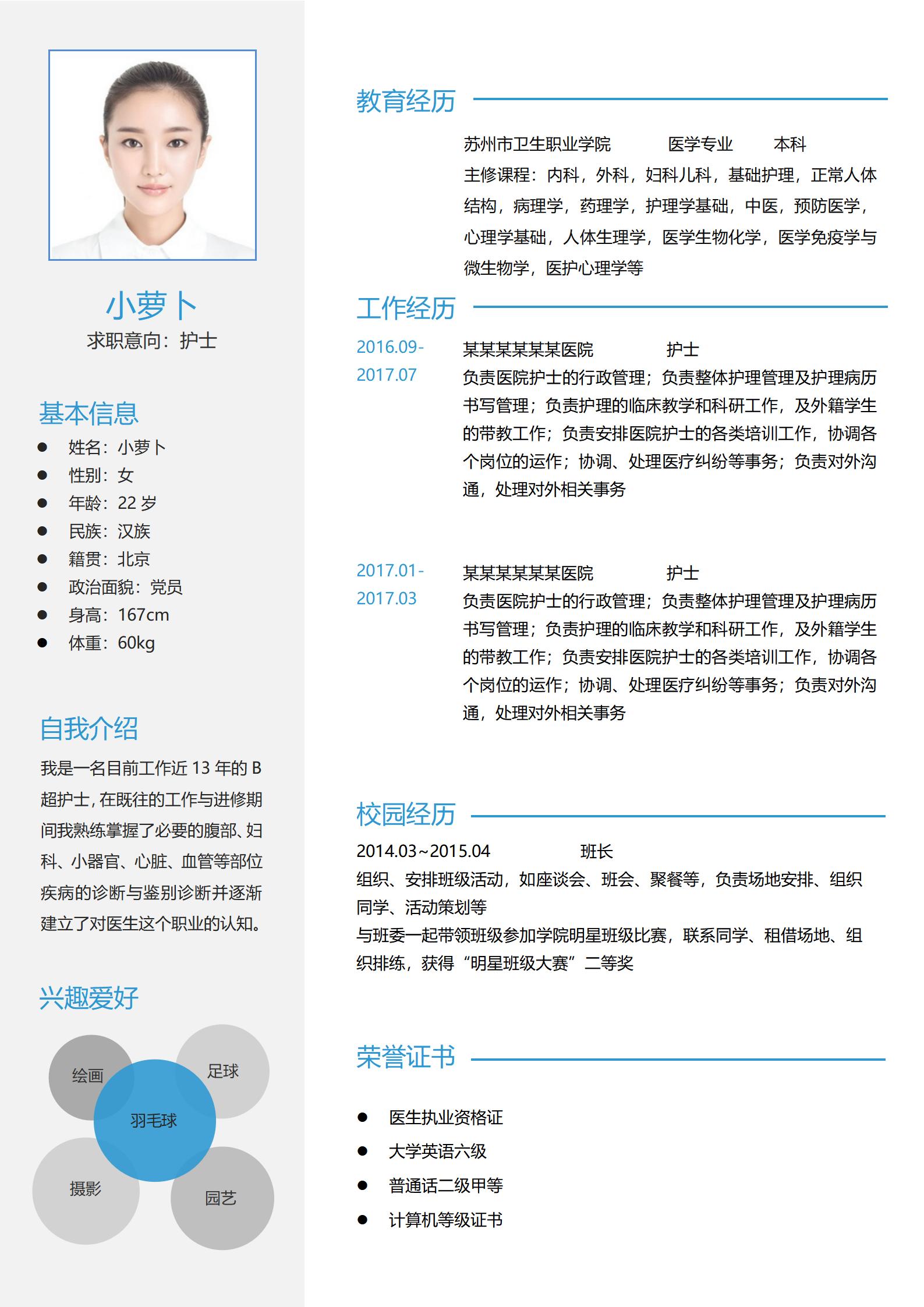 医护专属4页简历模板精选