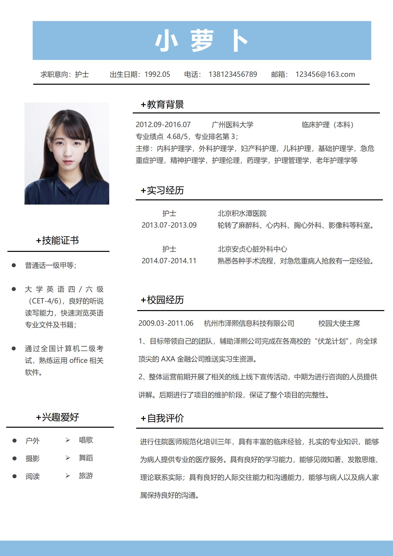求职意向护士免费简历模板
