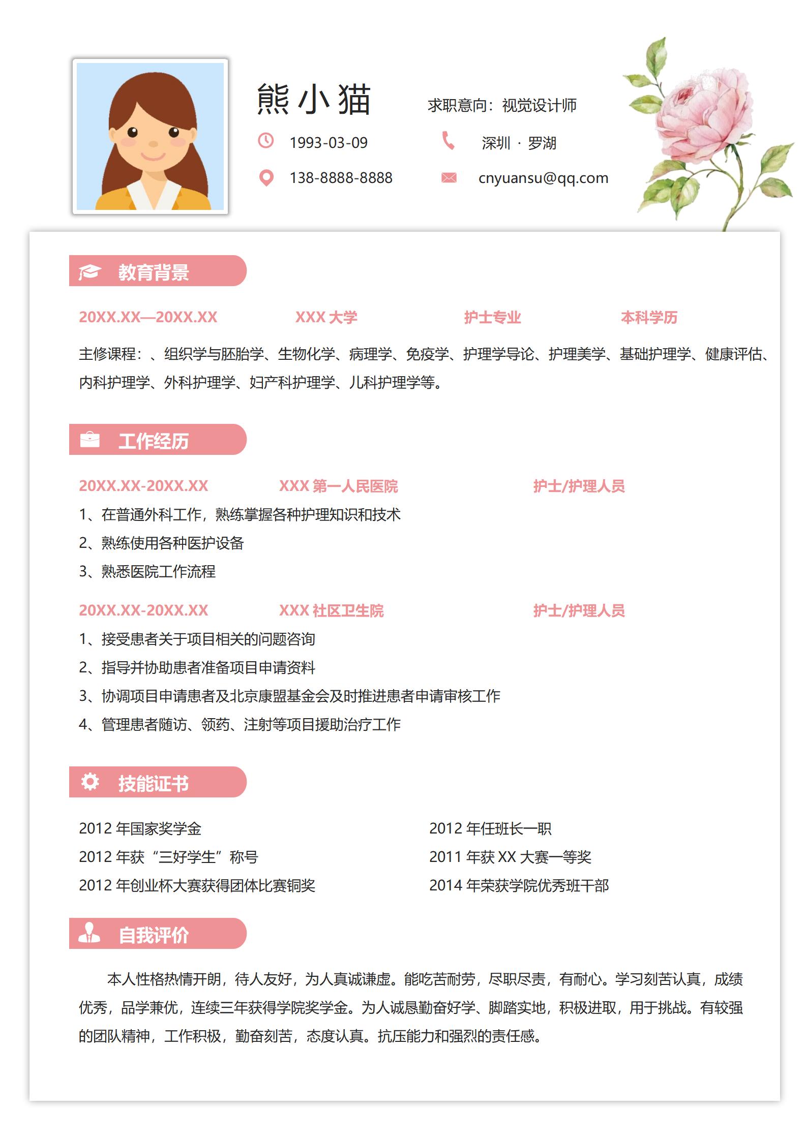 全面升级护士4页简历模板精选