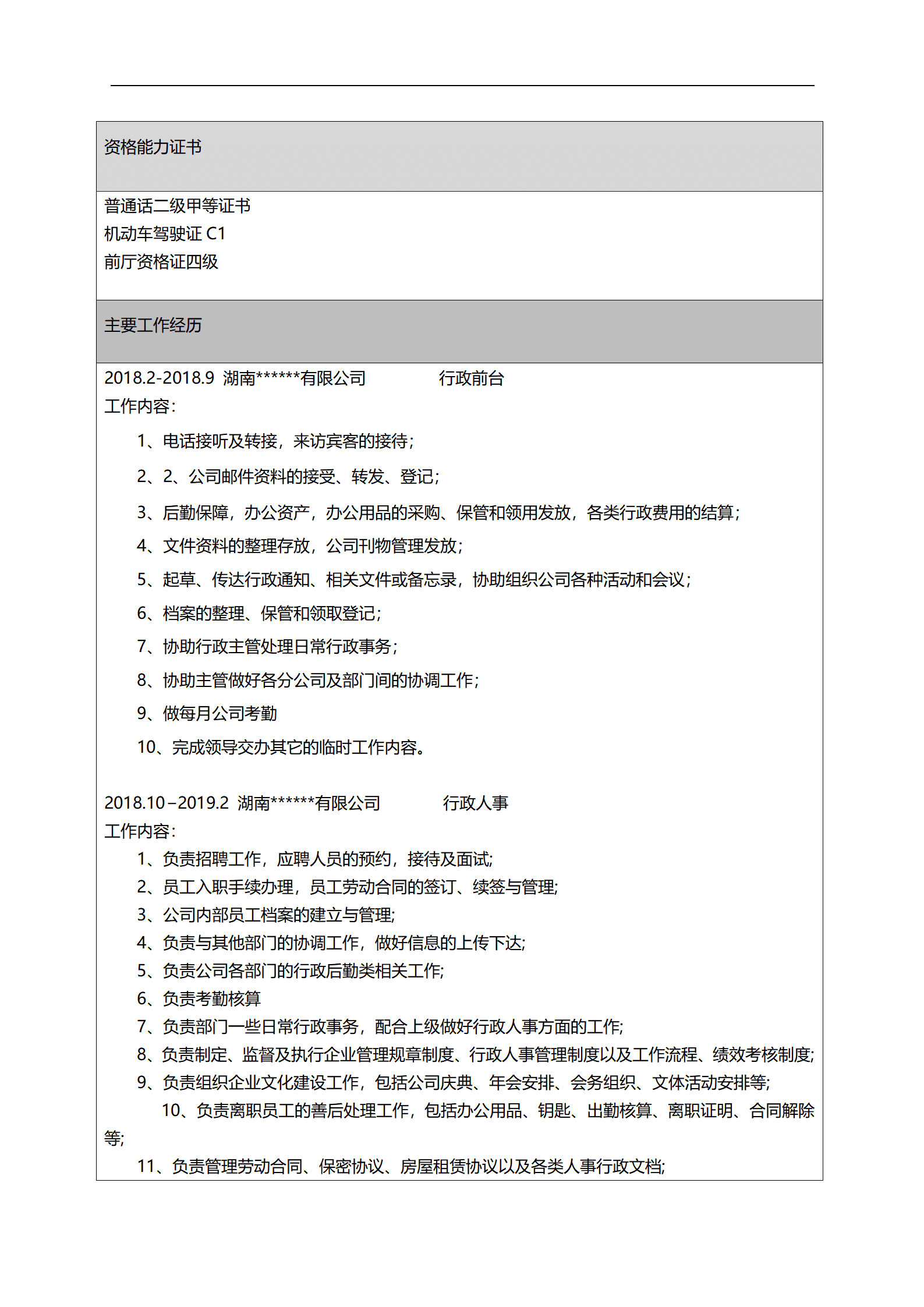 人力资源行政管理类岗位求职简历模板