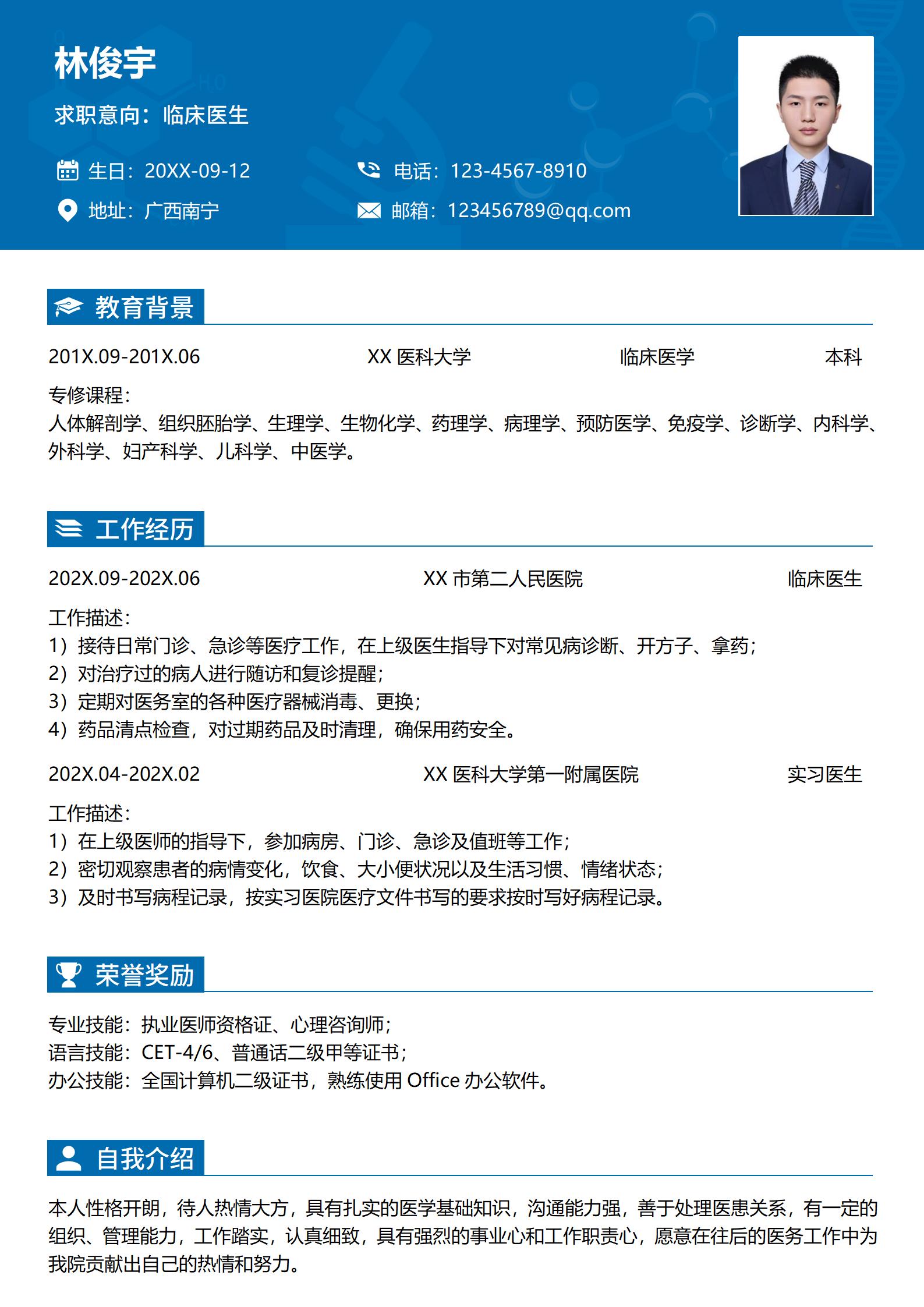医生荣誉与成就详细简历模板