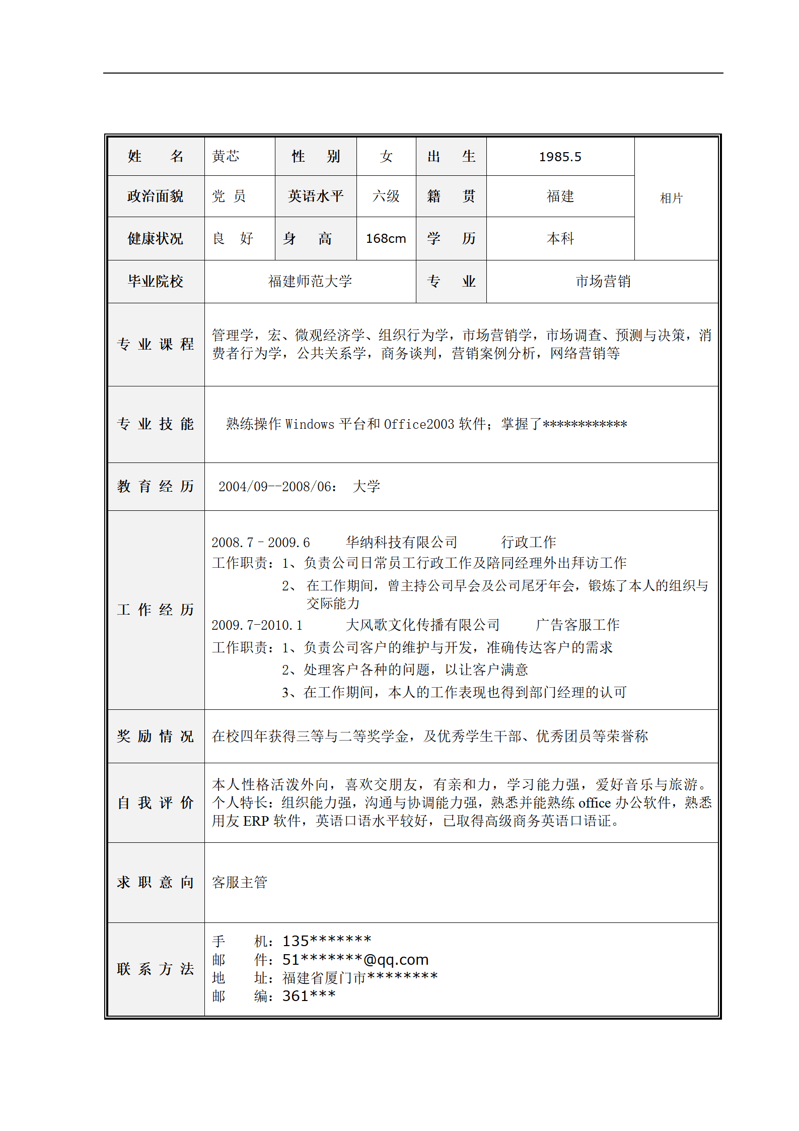 行政文职内勤相关岗位求职简历模板