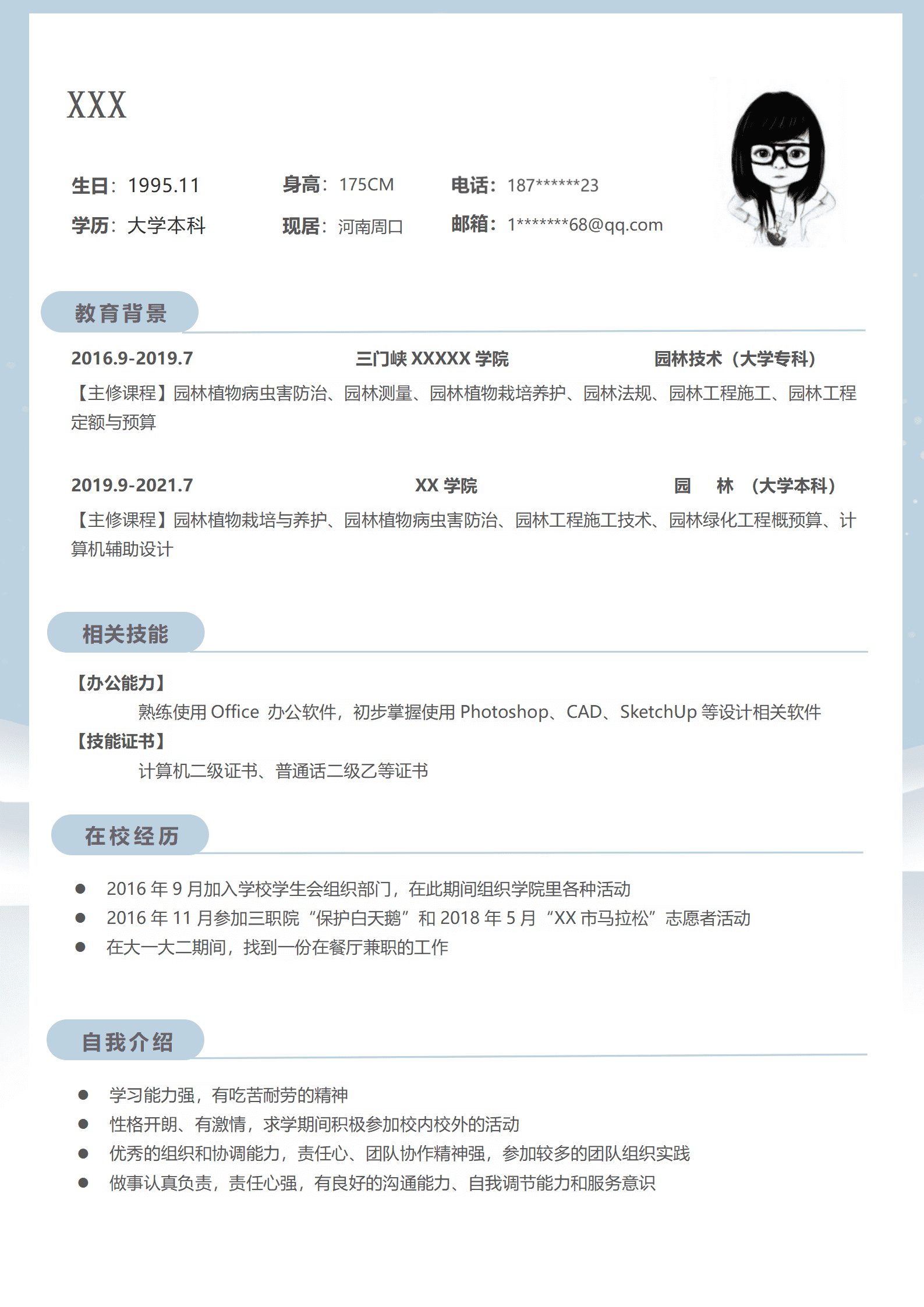 园林景观设计类专业岗位求职简历模板