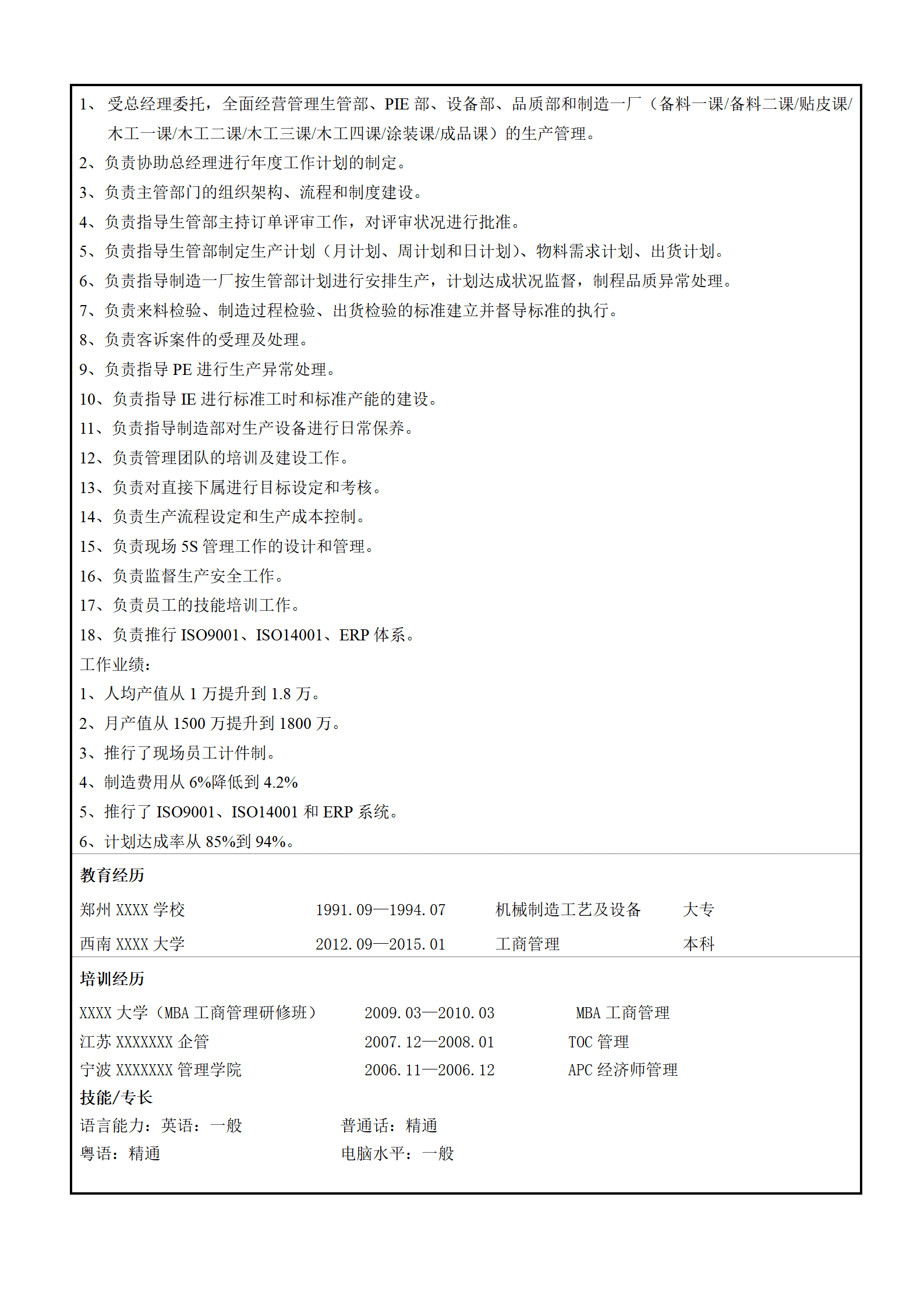 生产管理厂长经理类岗位求职简历模板