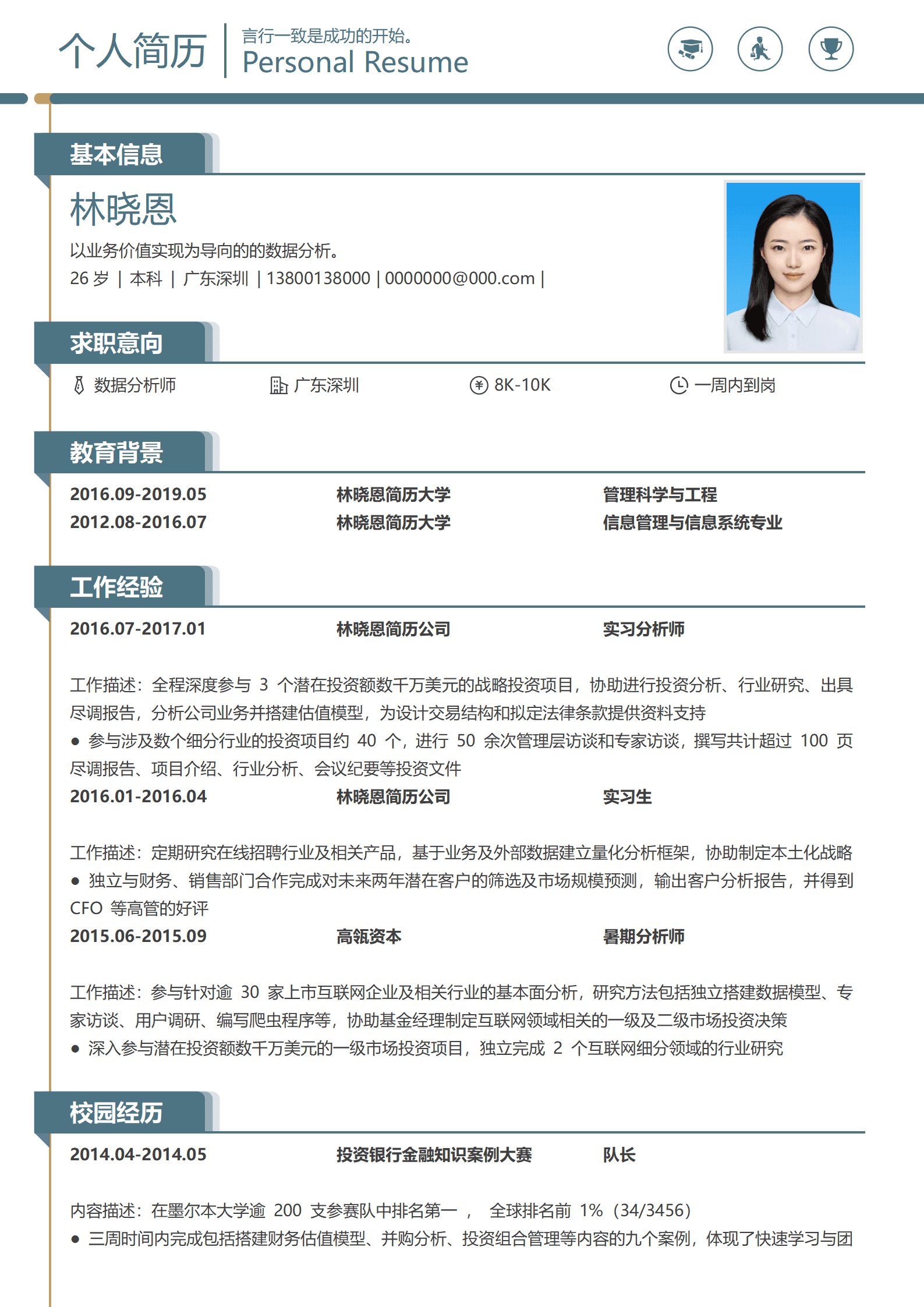 应届生数据分析简历模板 互联网金融实习经验