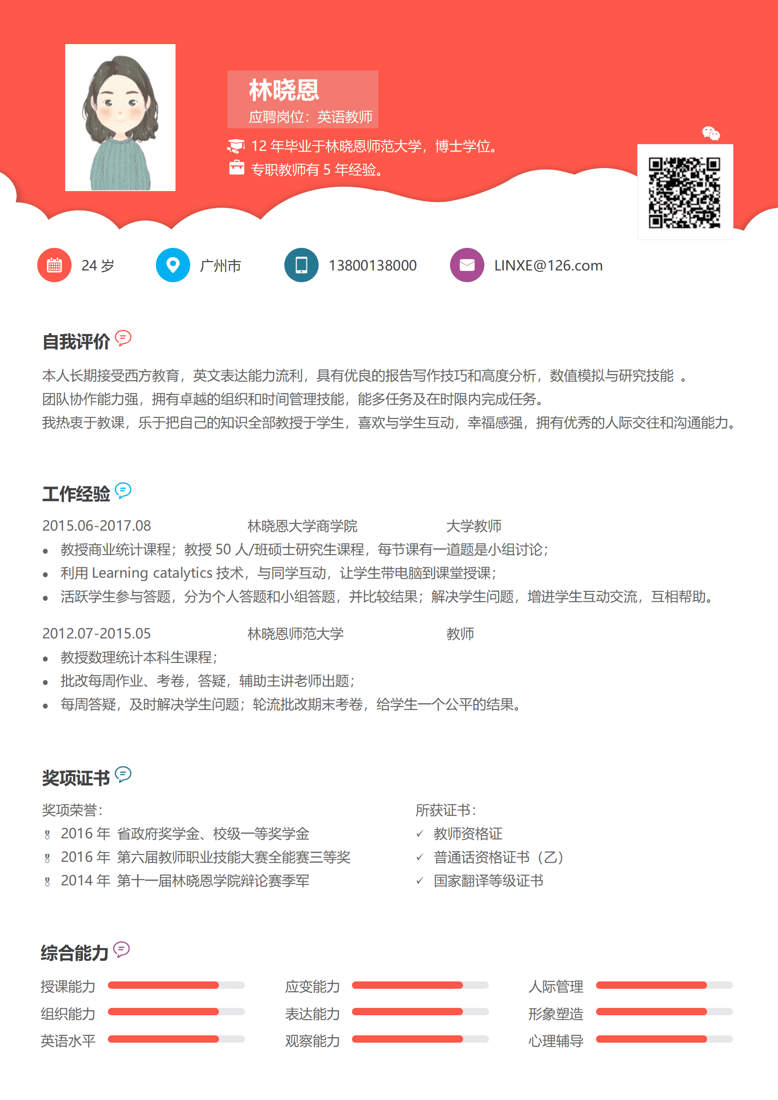 英语教师兼教研组长简历模板