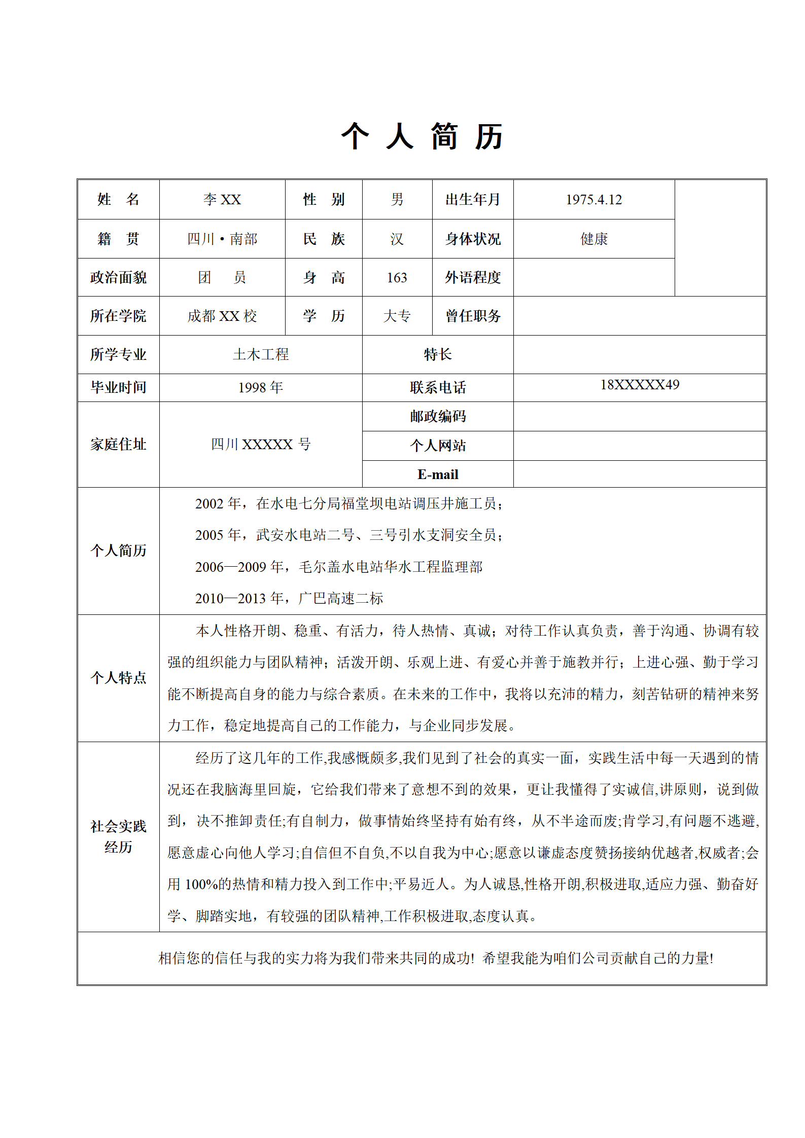 土木工程相关专业岗位求职简历模板