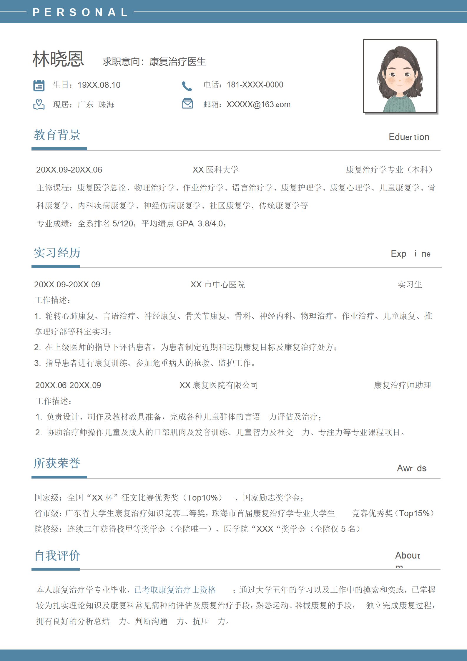 医科大学康复治疗学专业本科简历模板(1)