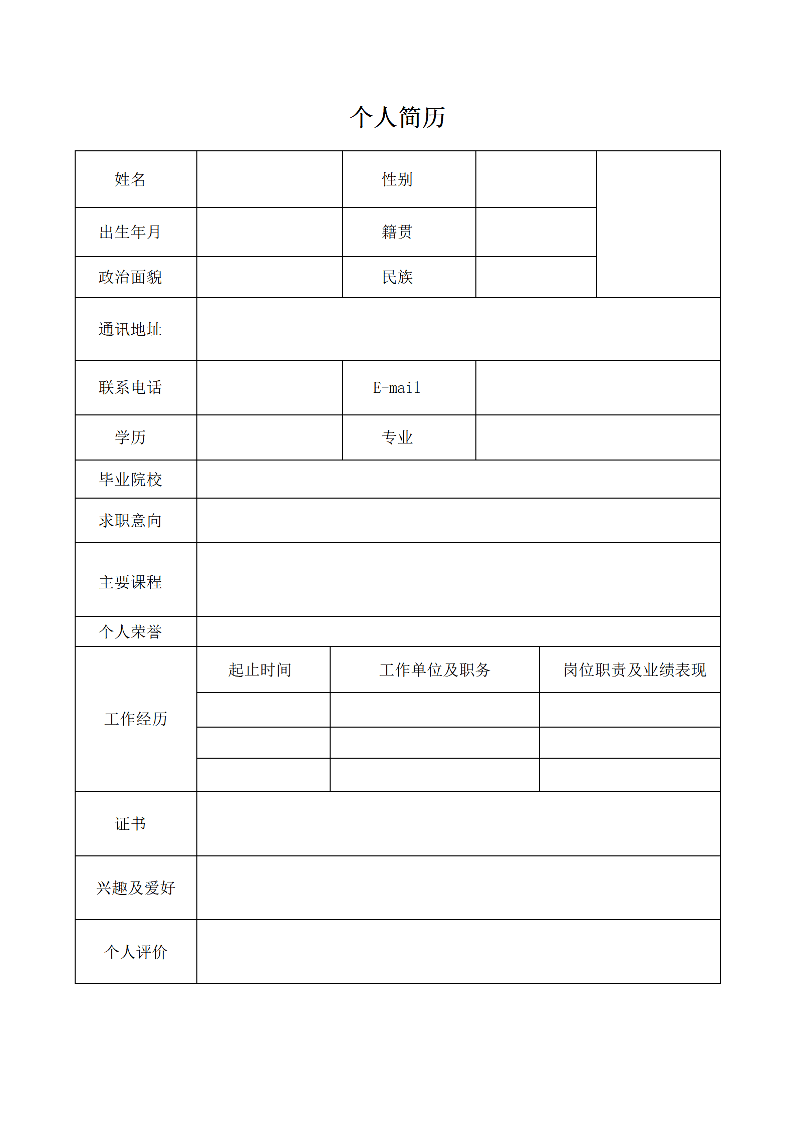 简单个人简历表格模板空白通用