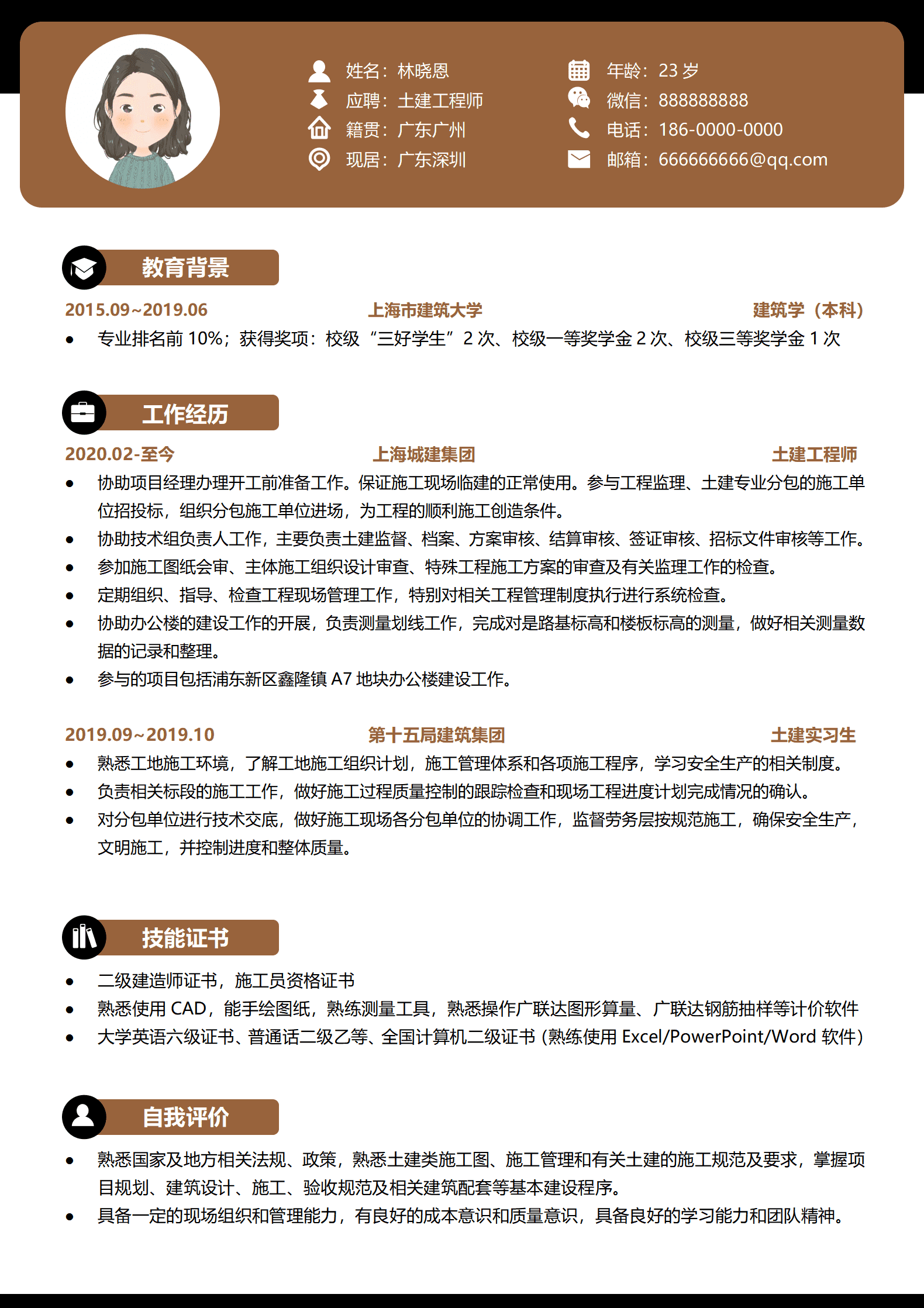 鑫隆镇项目土建工程师简历模板
