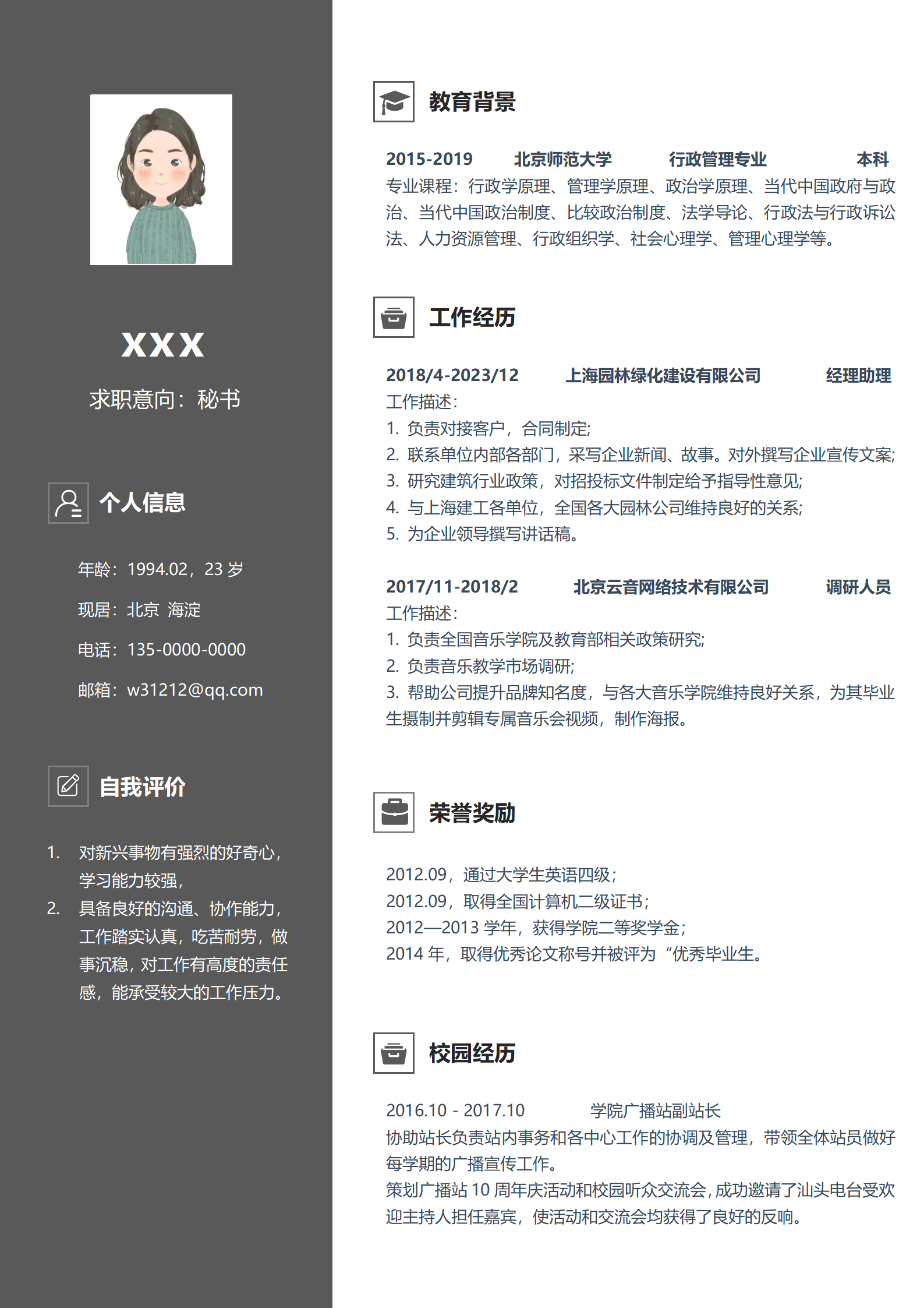 电商文秘求职简历模板免费