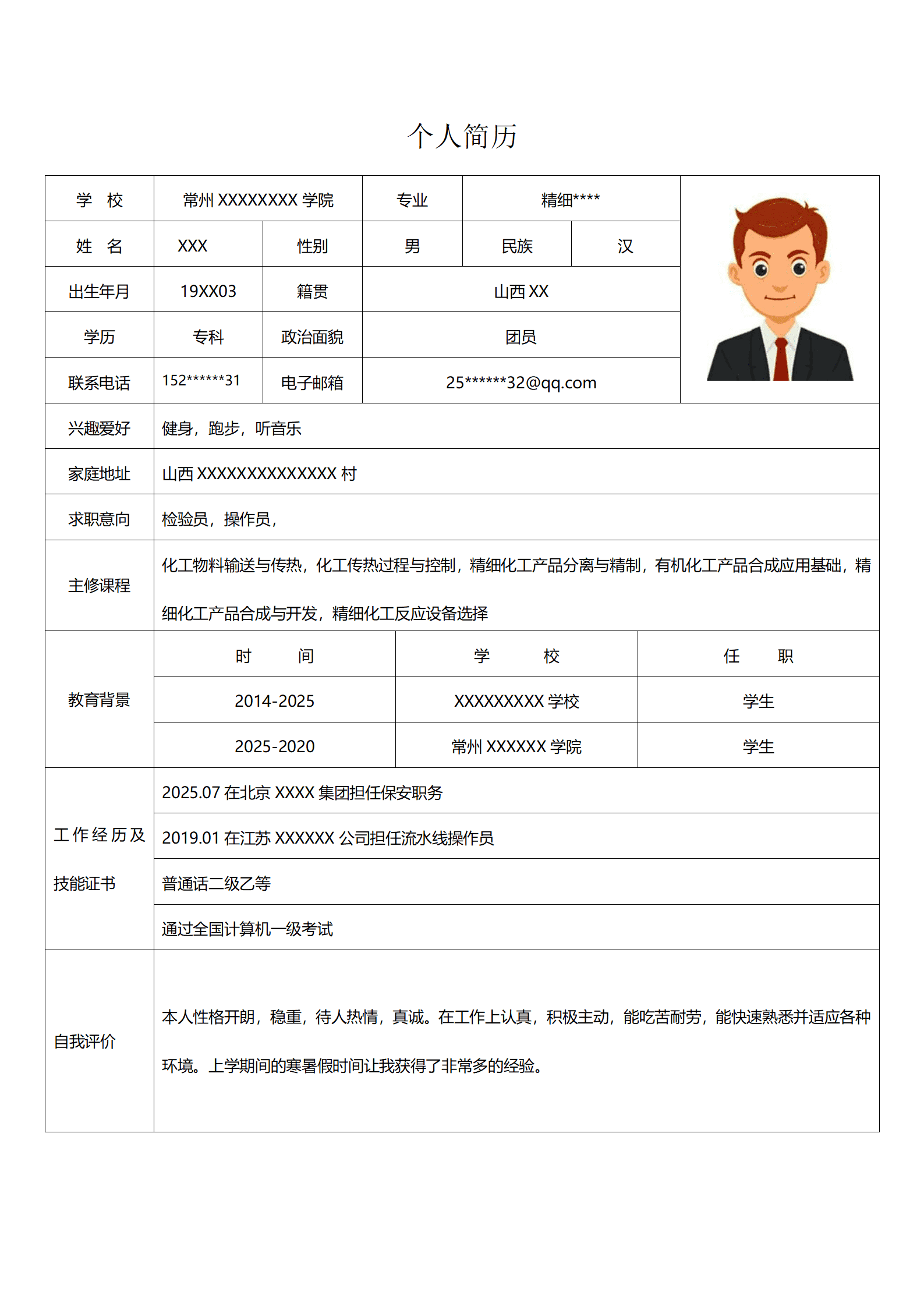 化学化工检验操作类岗位求职简历模板