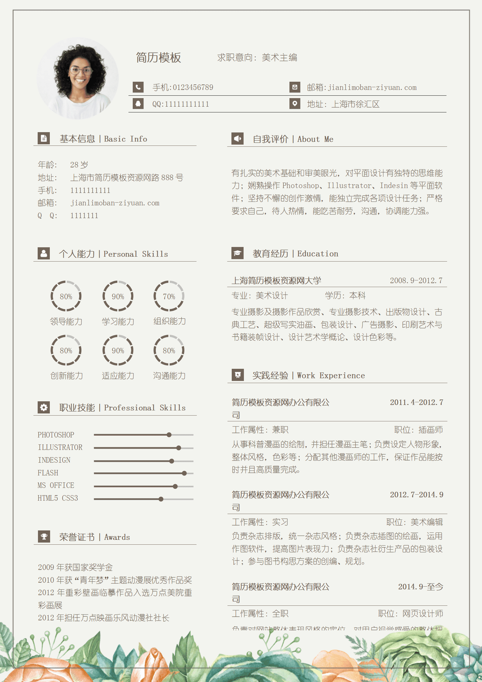唯美浪漫花朵美术编辑成套Word简历模板