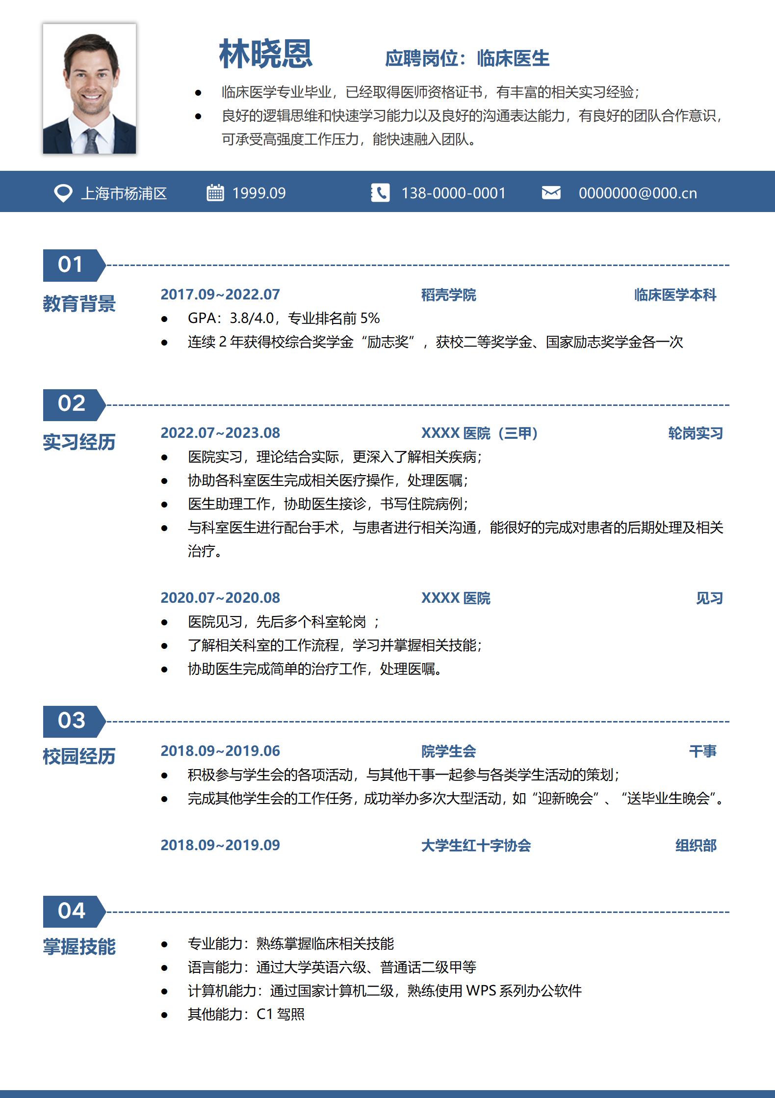 医生职位应聘简历模板免费下载