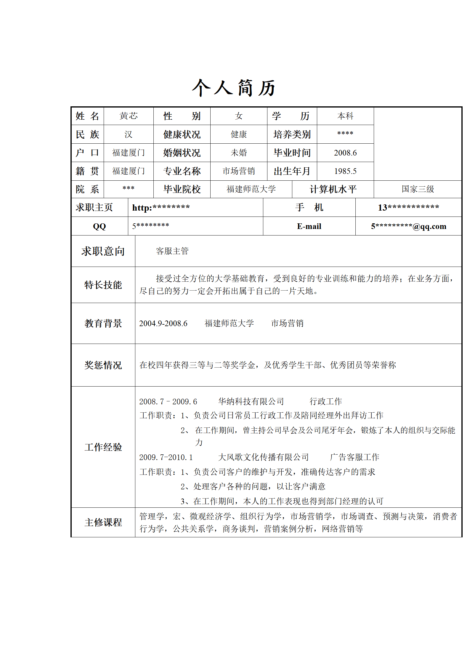 市场营销本科求职客服主管的简历模板
