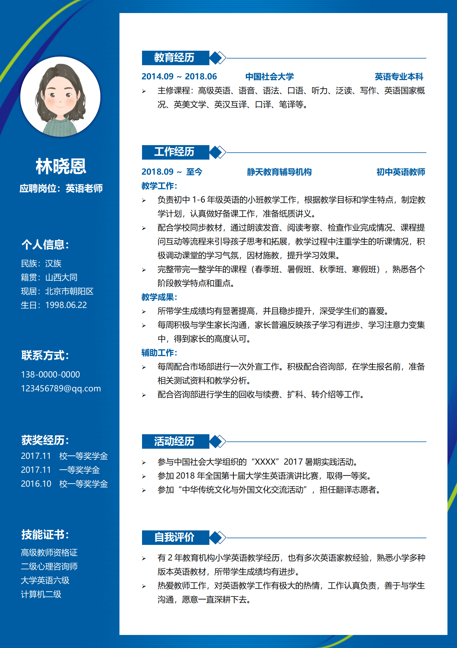 英语老师个人简历模板(教学成果突出)