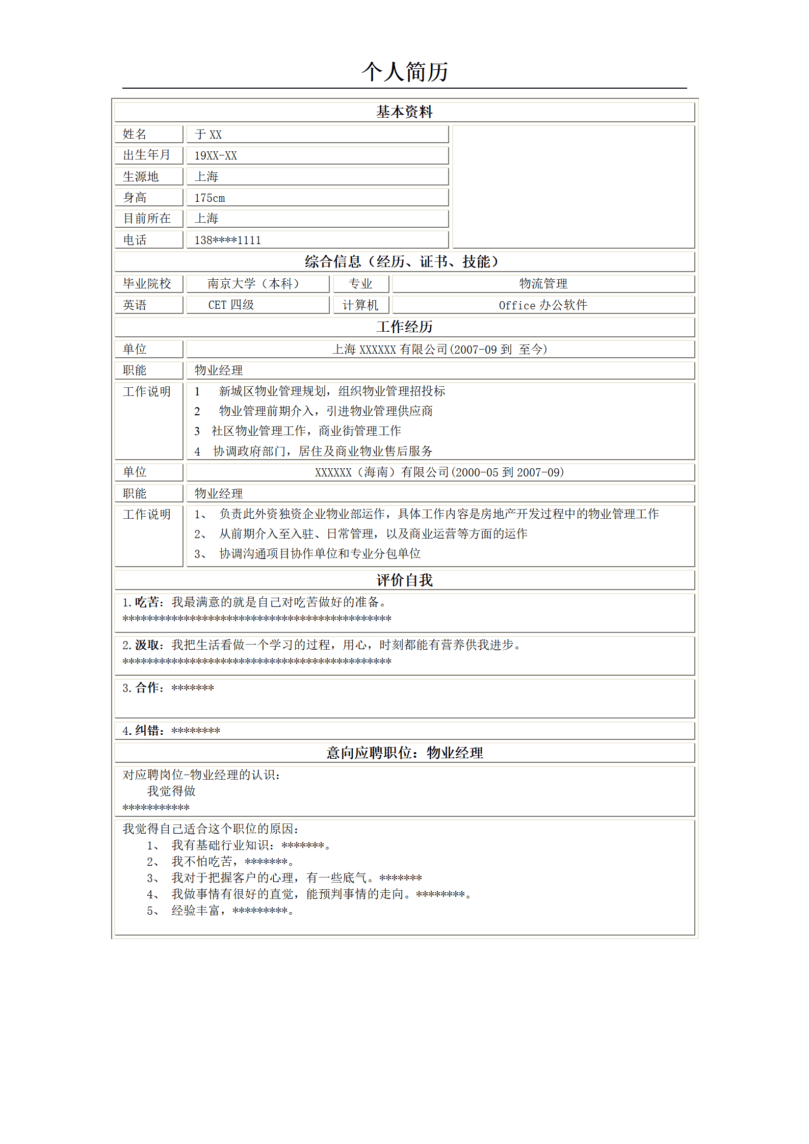 于XX应聘物业经理的简历模板