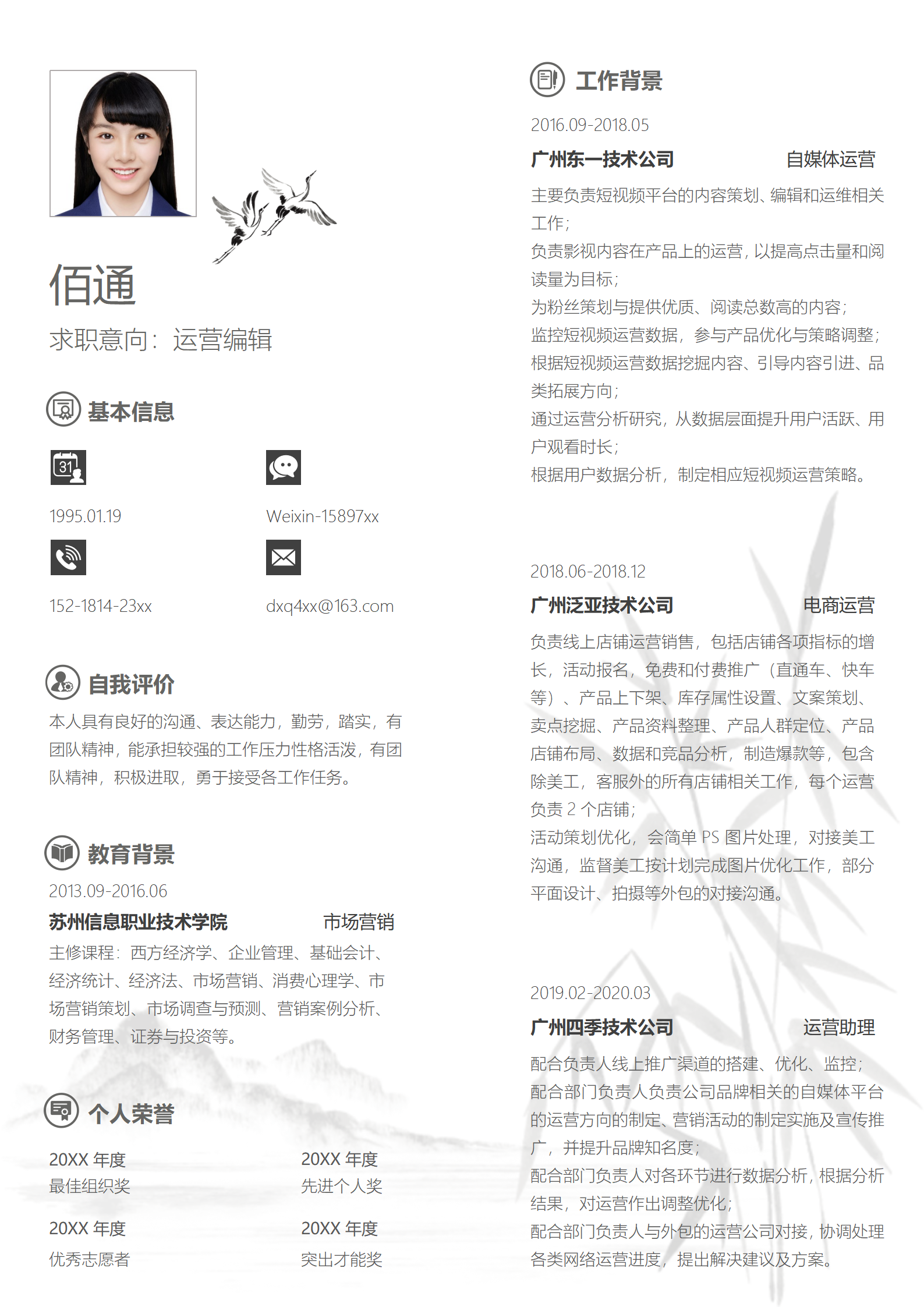 专业电商运营简历模板免费（含封面自荐信）